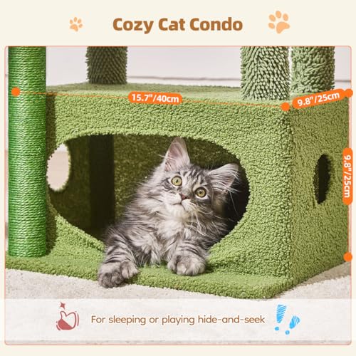 Image of Taoqimiao Cactus, Cat Tree, 38.5In Cat Tower for Indoor Cats, for Kittens | Thick Padded Top Perch, Luxurious Cat Condo, Adjustable Basket, 1-Piece Ramp Scratcher, 3 Natural Sisal Posts, MS029ST
