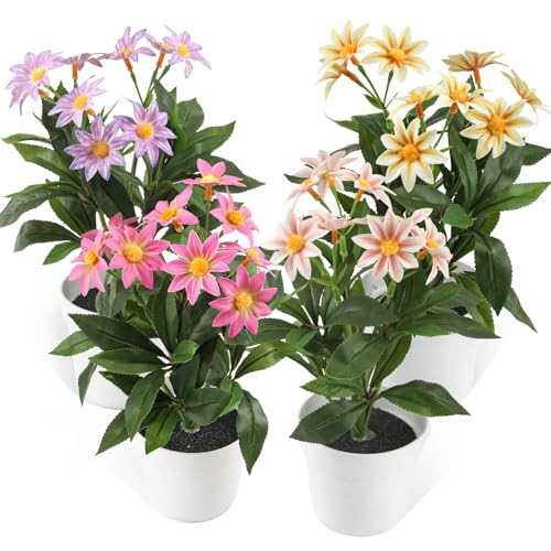 DBALL 4 Plantas Artificiales para Interior y Exterior con Macetas Ideales para Decorar El Hogar La Oficina La Cafetería El Jardín y el Balcón (Rosa Rojo/Amarillo/Morado/Naranja)