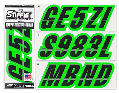 Image of STIFFIE Techtron Black /Electric Green 3 inch Boat & PWC Registration Decals • Numbers Letters Stickers