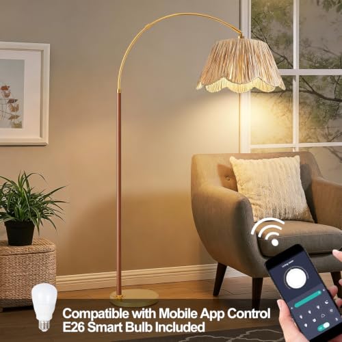 Image of Vintage Arc Floor Lamps for Living Room Farmhouse Wood Floor Lamp with Remote Control,Dimmable Rattan Floor Lamp Boho Standing Lamp with 3 Color Temperature Wicker Tall Floor Lamp for Bedroom Corner
