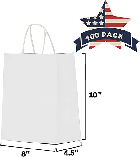 Miniatura 2 de Qutuus Bolsas de papel kraft blancas con asas, 100 bolsas de regalo de papel blanco de 8 x 4.5 x 10 pulgadas para pequeñas empresas, bolsas de