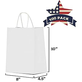 Qutuus White Paper Bags with Handles Bulk 100Pcs 8x4.5x10 White Gift Bags, Recyclable Kraft Paper Bags, Medium Paper Gift Bags for Shopping, Party Favor, Retail, Wedding