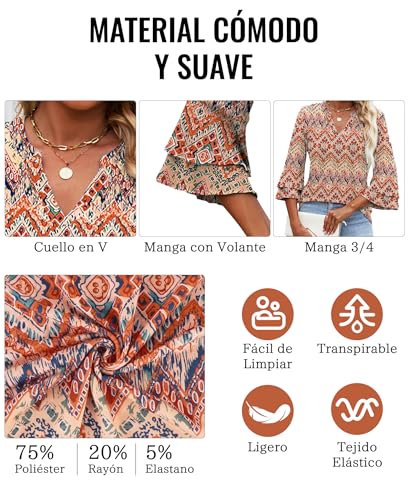 IEEILULU 3/4 Length Sleeve Womens Tops V Neck Tunics Ruffle Sleeve Tops Blouses for Women Dressy Casual (US, Alpha, Small, Regular, Regular, Red Square) — view 5