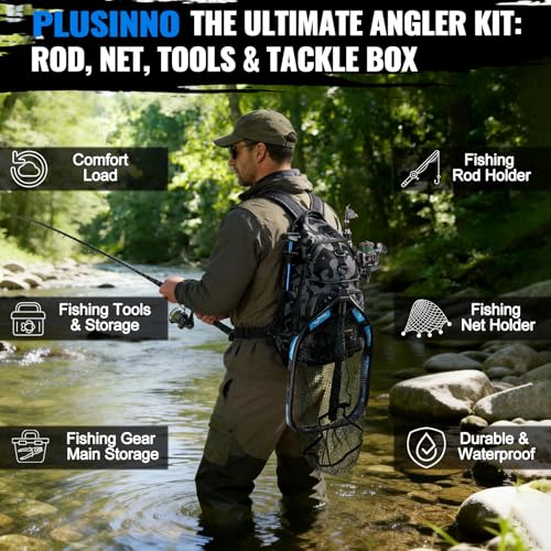 Image of PLUSINNO Fishing Gear-Fishing Rod & Fishing Backpack, Fish Net,Tackle Box | Tackle Backpack Kit With Fishing Pole For Saltwater & Freshwater, Fishing Floating Net, Fishing Lures, Fishing Tackle Bag