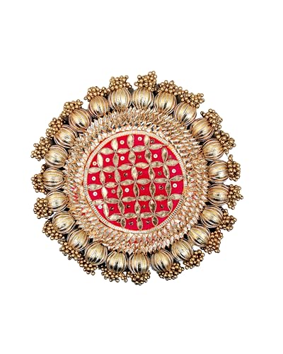 Image of Wood Handmade Gota Patti Work Plate, Table Decor & Base For Statues, Gods, Plant, Craftsmanship With Golden Moti Detailing, Gift For Diwali, Birthdays, Housewarming (Size 9 Inch)