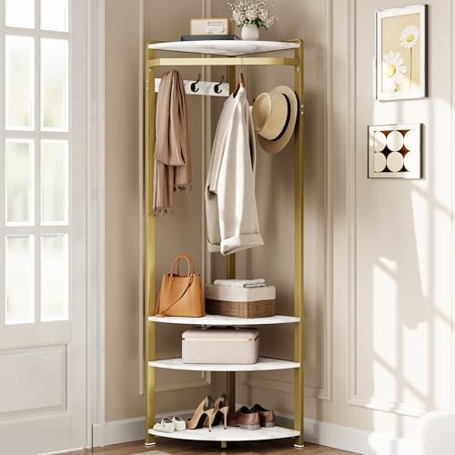 GarveeHome Corner Coat Rack with Shoe Bench Entryway, Corner Hall Tree with 6 Double Hooks, Corner Clothes Rack with Storage Corner Tree with Organize