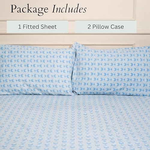 Image of Amazon Brand - Umi Cotton Fitted Bedsheet, Queen Size 78x60 Inches, Elastic Fit Bed Sheet, 10 Inch Deep Pocket, Soft Breathable Bedding, Durable Easy Care, with Pillow Cover-Azure Matrix