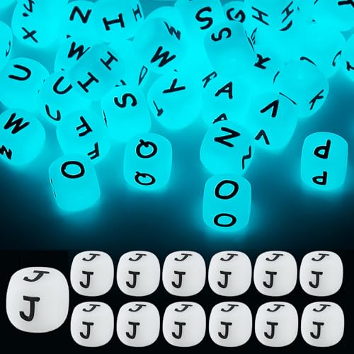 LEGENTLISUR 20 cuentas luminosas de silicona con letras de 12 mm, cuadradas, que brillan en la oscuridad, cuentas sueltas para pulseras de amistad, llaveros, joyas, manualidades, proyectos de
