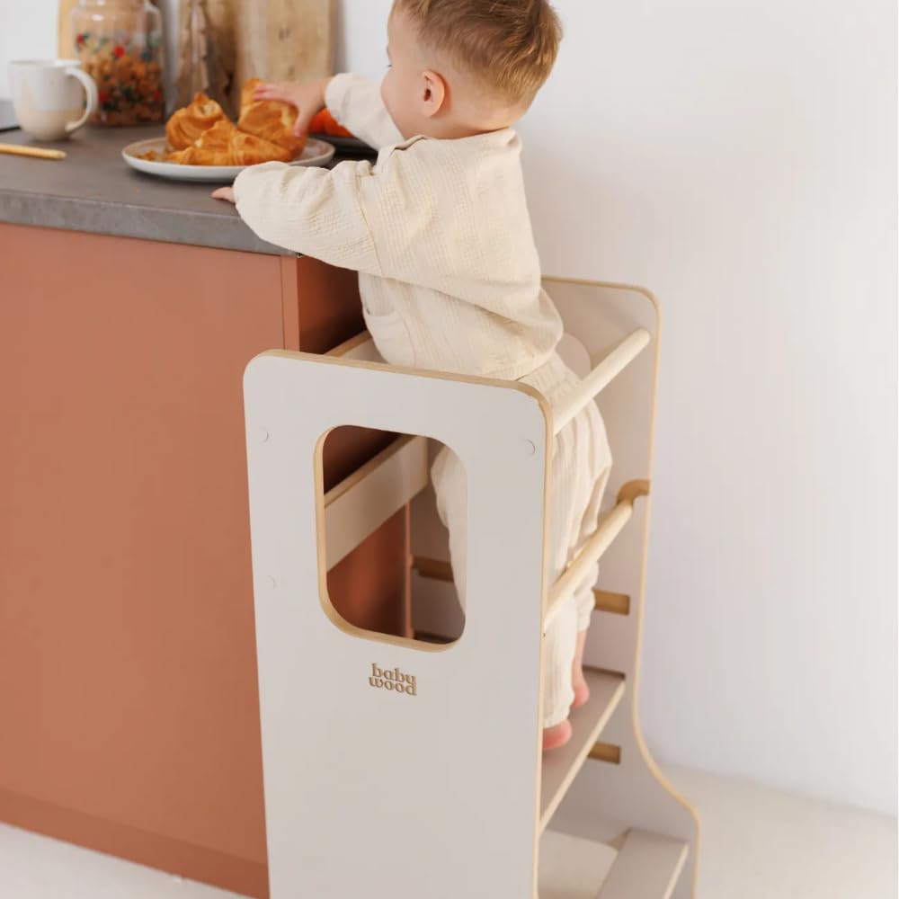 Babywood Lernturm Slim – höhenverstellbarer Küchenhelfer für Kinder, Stehpodest & Trittstufe, 85×40×41 cm, sicher & stabil, MDF, Farbe Kaschmir