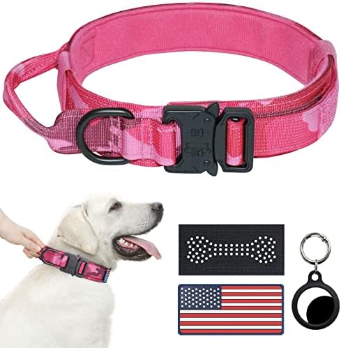 Hotsky Tactical Dog Collar, Havey Duty Dog Collar for Medium Dogs, Adjustable Nylon Dog Collars with Handle and Metal Buckle for German Shepherd, with Airtag Holder and Patches(Hotpink Camo, M)