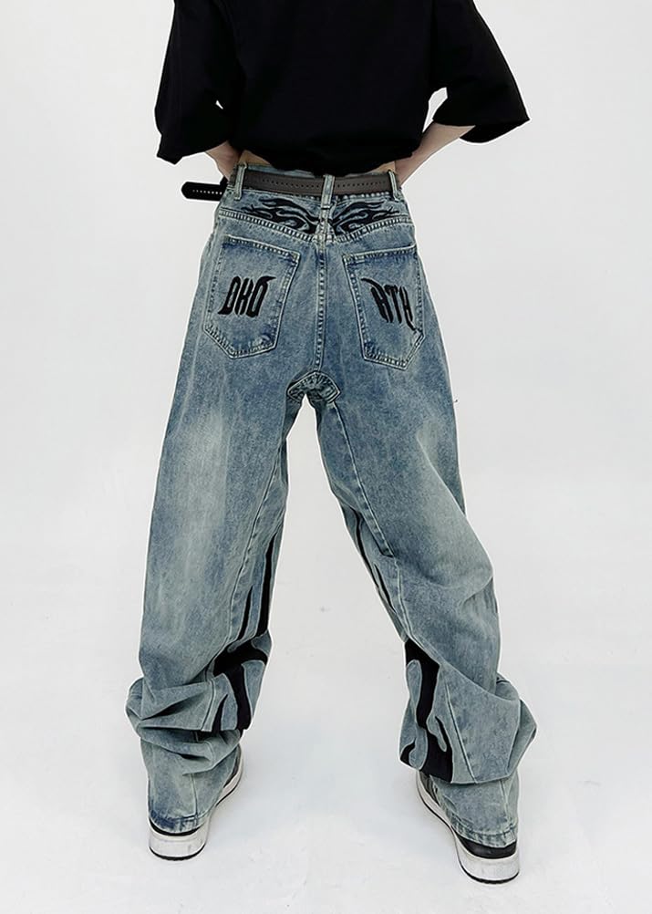 ORANDESIGNE Herren Jeans Baggy Jeans Hip Hop Straight Leg Gewaschen Jeanshose Casual Denim Hosen Vintage Bedruckte Jeans Teenager Skateboard Hose Streetwear