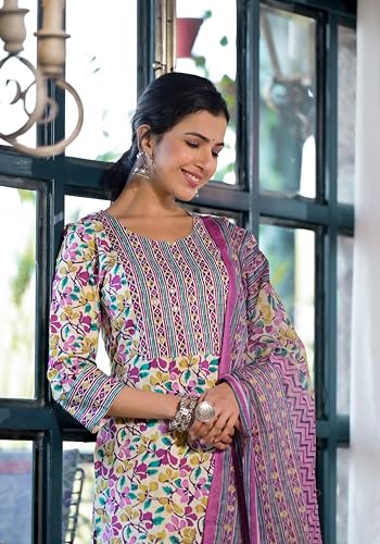 Image of MIRCHI FASHION Women's Straight Fit Pure Cotton Jaipuri Floral Printed Sequins Thread Work Kurta Set with Dupatta and Trouser