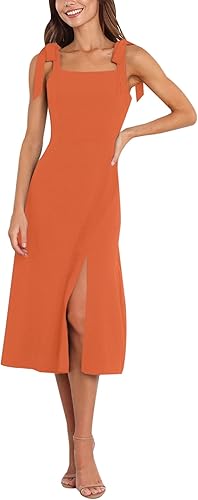 AIMCOO Tie Shoulder Square Neck Casual Dress with Pockets Floral A Line Side Slit Solid Summer Midi Dresses for Women 2024
