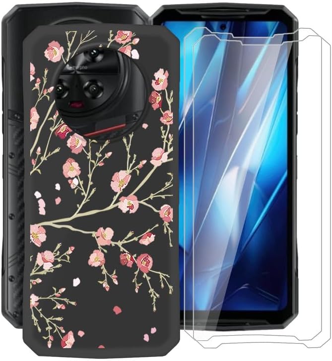 Phone Case for Doogee DK10 (6.67") with [2 x Tempered Glass Protective Film], Ultra-Thin Shockproof Bumper Cover Black Soft Silicone Case for Doogee DK10 - Camellia