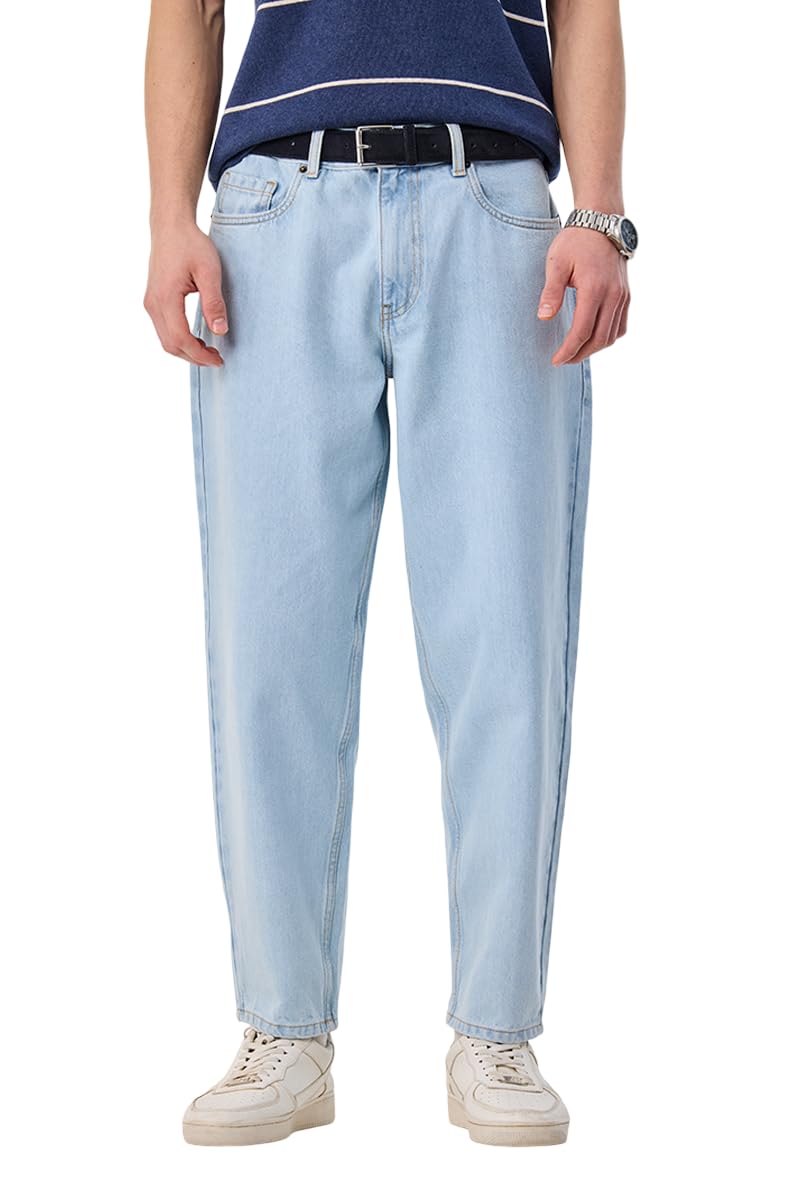 SNITCH Men Jeans Streetwear | Balloon Fit Mid Rise & Acid Wash Design | 100% Cotton Breathable Fabric & Wide Leg Style for Urban Explorer & Casual Everyday Outings in neutral