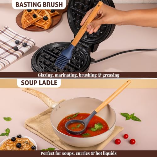 Image of Fruitalite Silicone Spatula Set- 5 Pcs | Non-Stick Kitchen Utensils with Wooden Handle- BPA Free, Heat Resistant Set, Non Toxic Premium Cookware Tools for Cooking, Baking & Mixing- Midnight Blue