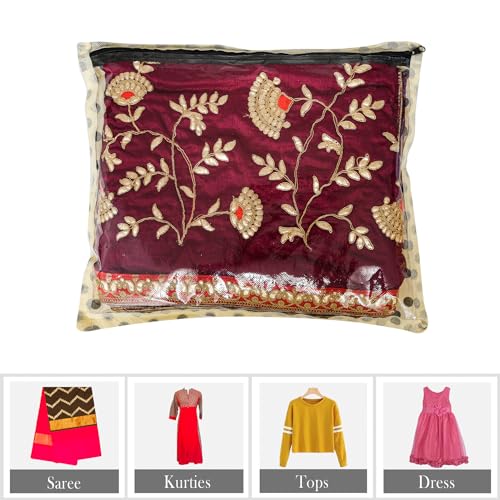 Image of Kuber Industries Non-Woven Saree Cover | Clothes Storage Bag | Single Packing Saree With Zip Closure | Wardrobe Organizer | Cloth Stoarge Organizer | Dot Design | Pack Of 12 | Cream