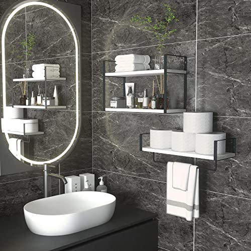 Zgo 2+1 Tier Floating Shelves Wall Mounted Set Of 2, Rustic Wood Wall Shelves With Metal Frame Tissue Rack And Towel Bar For Bedroom, Bathroom, Living Room, Kitchen, Storage & Decoration, White #TOP1