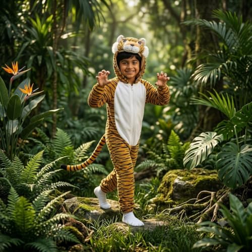 Image of Raj Costume Animal Fancy Dress Costume for Boys & Girls | Hooded Full Body Wildlife Zoo Animal Jumpsuit | Soft Costume for School Function, Fancy Dress, Halloween, Birthday, Cosplay & Role Play
