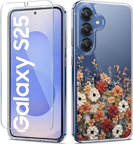 TXXO for Samsung Galaxy S25 Case Clear,Galaxy S25 Cases Floral with Screen Protector [Camera Protection] Slim Shockproof Cover for Samsung S 25 Phone case for Women, Clear for s25 case Flower Design