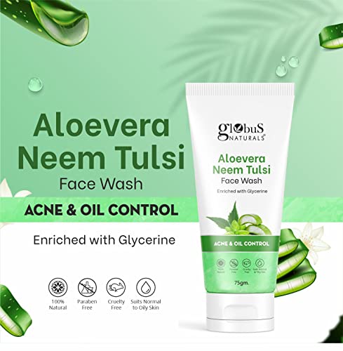 Image of Globus Naturals Aloe vera Neem Tulsi Enriched With Glycerin & Oil Control Formula Men & Women All Skin Types Face Wash 75gm (Pack of 3)