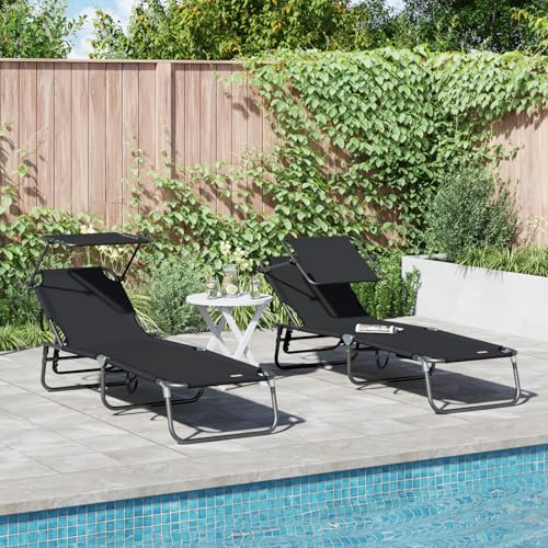JHQHSM Tumbonas plegables 2 unidades con parasol, tela Oxford 600D, marco de acero resistente a la intemperie y reposabrazos ajustables para jardín y balcón, muebles de relajación al aire libre