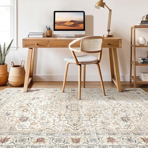 9x12 Area Rug Living Room: Washable Boho Large Neutral Vintage Soft Rugs Stain Resistant Farmhouse Non Slip Indoor Floor Carpet for Bedroom Nursery Kids Playroom Office Dining Room- Cream Blue