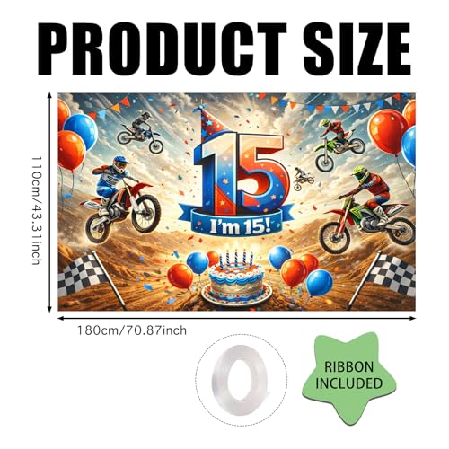 Image of Nuxovilar Happy 15th Birthday Banner Yard Sign 71 inchx43in Polyester Backdrop | Celebrate Party Supplies, Celebration Decor. Dirt Bike Birthday Party Decorations. Yard, Garage, Room. (Dirt Bike 15th)