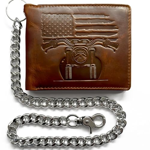 Patriotic Biker Wallet with Chain for Men - Distressed Brown Leather Wallet w/ 10 Card Slots – 100% Leather motorcycle wallet - Mens Chain Wallet. Gift wallet for Biker