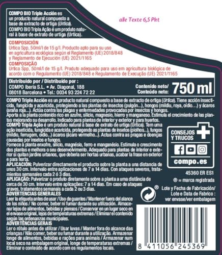 Compo Bio Compo Bio Tripla Azione, Protezione Contro Insetti, Funghi E Acari, Per Piante Ornamentali, Orticole E Da Frutto, Flacone Spray, 750 Ml - 2