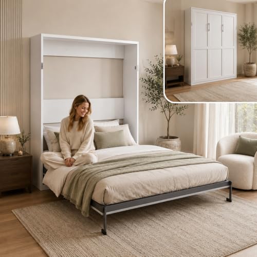 MLZTINGR Queen Murphy Bed, Space Saving Folding Wall Bed with Hydraulic Lift System, Vertical Murphy Bed Queen, Heavy Duty 1100 LBS Frame for Guest Room Living Room, White