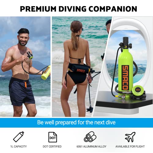 Smaco Mini Scuba Tank 1L Scuba Cylinder Provide 15-20 Minutes Underwater Breathing(No More Than 33 Ft) Small Scuba Tank Kit For Shallow Water Diving Underwater Work/As Spare Cylinder, Package A-Green #TOP2