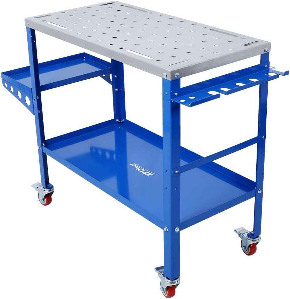 Welding Table 36"x18" Portable Workbench with Tool Tray and Locking Casters, 5/8" Fixture Holes Steel Welding Table Top, 1200lbs Load Capacity, Utility Welding Cart for Garage, Workshop