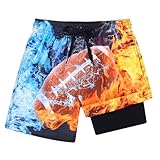 Idgreatim Boys Swim Trunks with Compression Liner Flame Football Printed Swimsuit Anti Chafe Bathing Suits Size 8 Swimsuit for Beach Surfing Swimwear