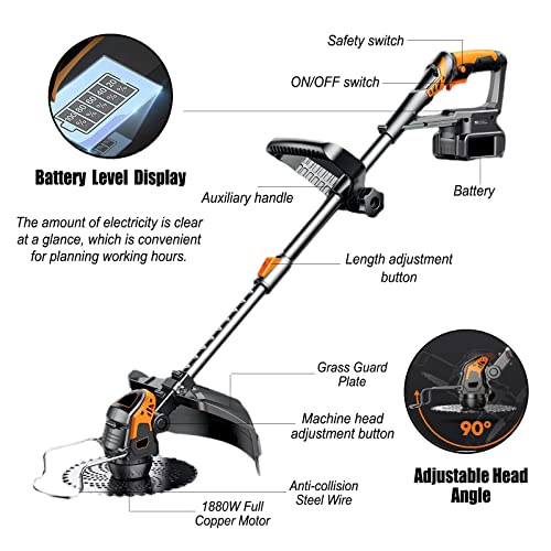 Electric Weed Eater Battery Powered Weed Wacker, String Trimmers With Remaining Power Display, Adjustable Machine Head Electric Lawn Edger For Garden And Yard #TOP6