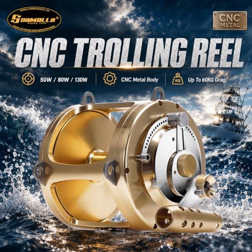 Carrete SAMOLLA FX50W-||-2KG para pesca en alta mar, 2 velocidades, relación de engranajes 3.1:1, arrastre máximo 83 libras, mano derecha, color dorado miniatura 3