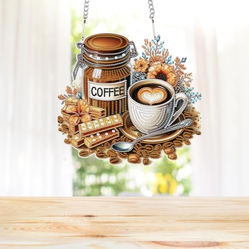 Image of Diamond Art Painting Pendant Kits with Hanging Chain 5D Diamond Art Hanging Kit DIY Diamond Crystal Window Door Hanging Pendant Kit for Adults Gift Wall Home Christmas Decoration 25.2x23.3 cm, Coffee