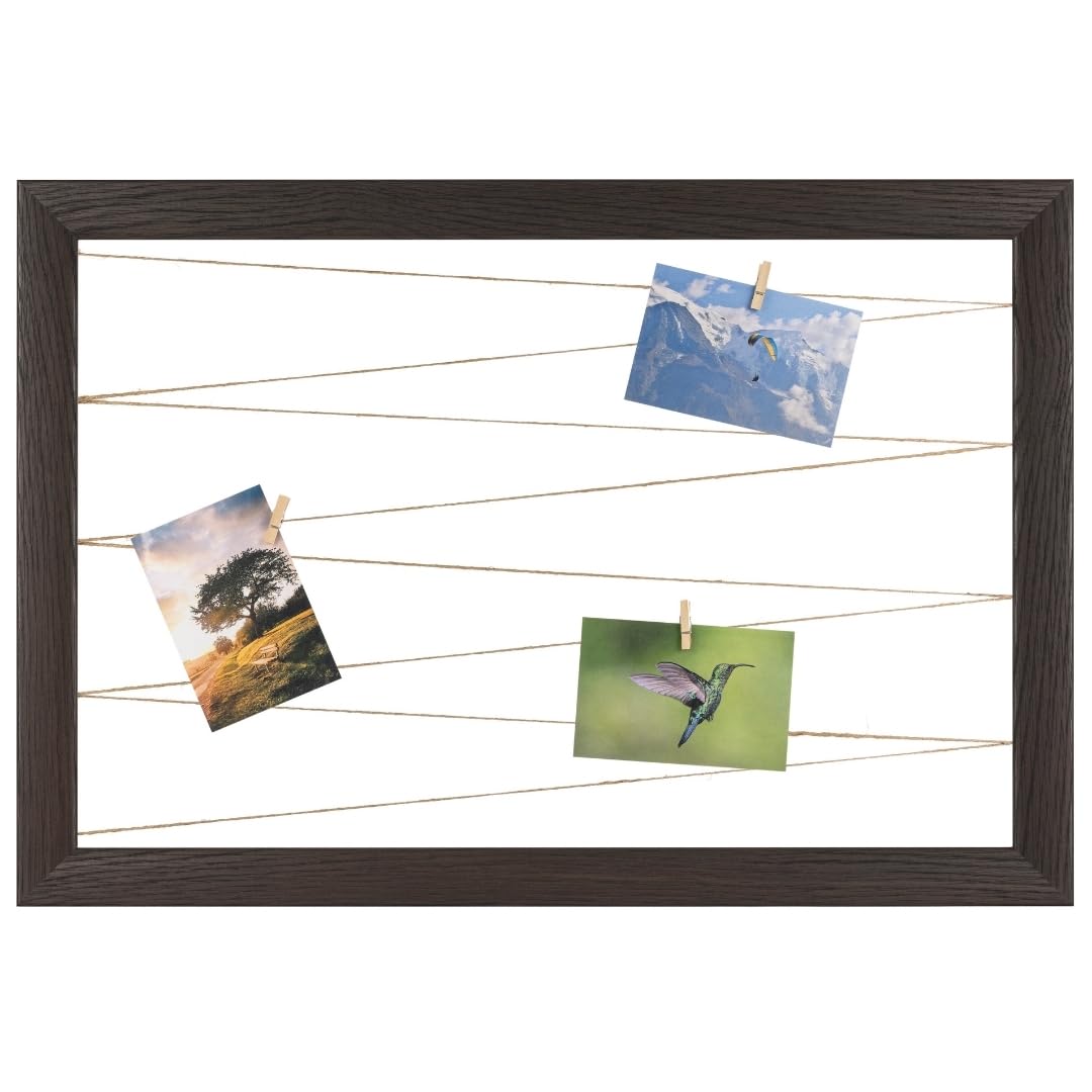 CLAMARO "Neo Collage Line" uchwyt na zdjęcia 85x65 cm | Wengue ciemnobrązowy | Ramka na zdjęcia w formacie poziomym z liną do zdjęć z włókna jutowego i kółeczkami do zdjęć z drewna | Idealny jako