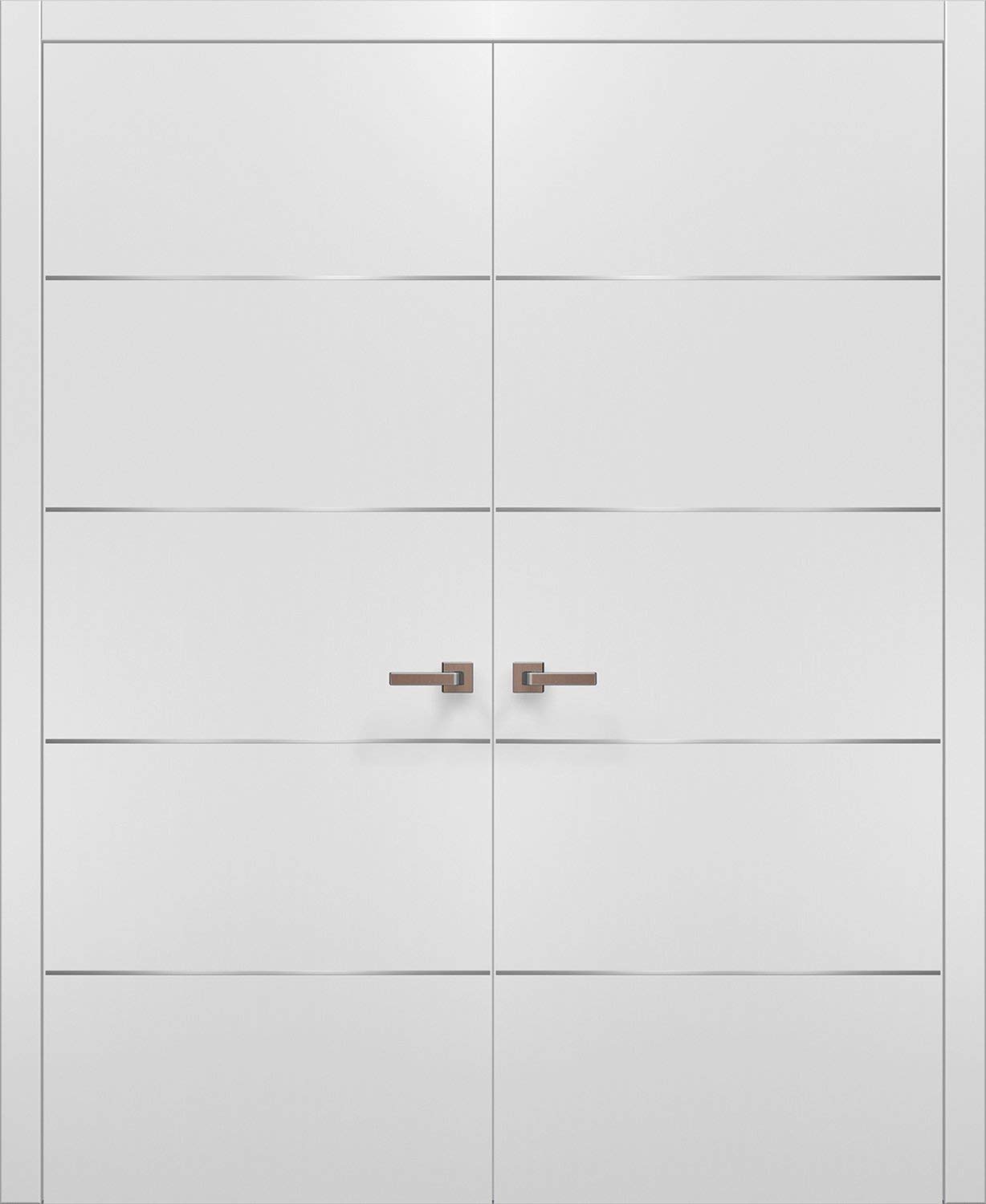White Modern French Doors 72x80 with Strips | Planum 0020 Matte White | Frame Trims Lever Satin Nickel Hardware | Closet Solid Core Door