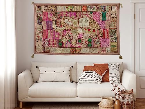 Image of Ekam Art Rajasthani Handmade Heavy Elephant Embroidery Cotton Patchwork Tapestry Cotton Wall Decor Hanging Beaded Tapestries Home Living Room Decor 40 x 60 Inch (Beige)