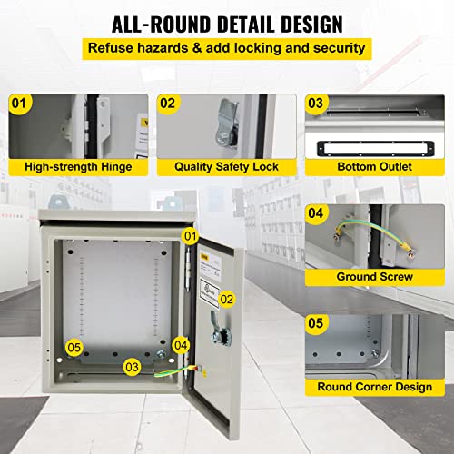 VEVOR Electrical Enclosure, 12\'\' x 10\'\' x 6\'\', UL Certified NEMA 4 Outdoor Enclosure, IP65 Waterproof & Dustproof Cold-Rolled Carbon Steel Hinged Junction Box for Outdoor Indoor Use, with Rain Hood