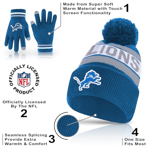 Ultra Game NFL Official Adults Unisex Super Soft Winter Beanie Knit Hat with Extra Warm Touch Screen Gloves, Detroit Lions, Team Color 1, 1SIZE by Ultra Game - Image 2