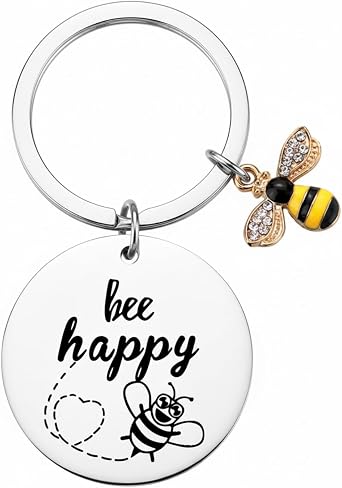 TEEMI-Stainless Steel Key Ring with Enamel Bee Charm & Positive Engraved Message, Cute Inspirational Gift for Women Keychain
