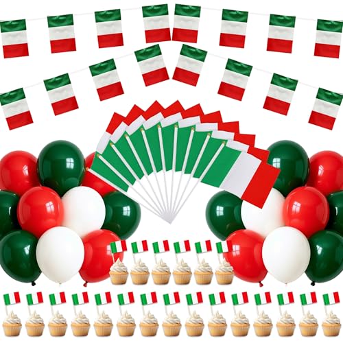 Tasoraor Italien Deko Flaggen Ballons - Italienische Fahnenkette Rot Grün Luftballons und Zahnstocher Flagge Handflagge und Flaggenkette für Fußball Euro WM Party Dekoration (Flaggen)