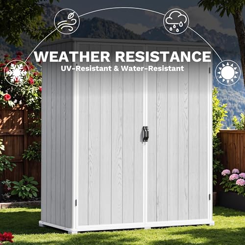 Image of Devoko 5x3 Resin Outdoor Storage Shed with Floor, Waterproof Plastic Outdoor Tool Cabinet with Lockable Doors for Lawn Backyard Garden, Light Gray