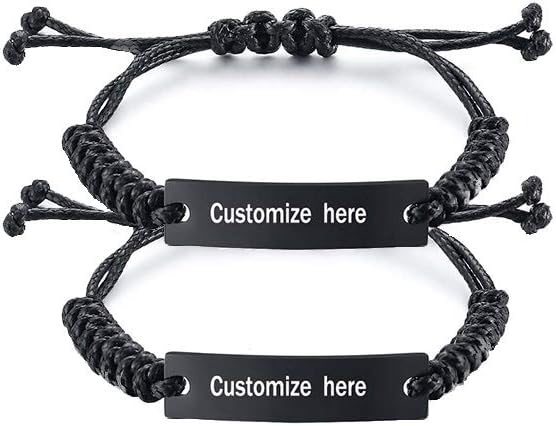 Unisex Personalized Custom Name Date Initial Quote Inspirational Adjustable Cord/Bead Stainless Steel ID Bracelets,Handmade Customized Engraved Wristband Gift for BFF,Couple,Men,Women, Gif