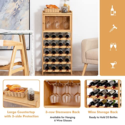 Goflame Floor Bamboo Wine Rack Cabinet, 20 Bottles Freestanding Wine Bottle Organizer With Glass Holder And Large Tabletop, Wine Display Storage Shelves For Dining Room, Kitchen, Pantry, Cellar, Bar #TOP2