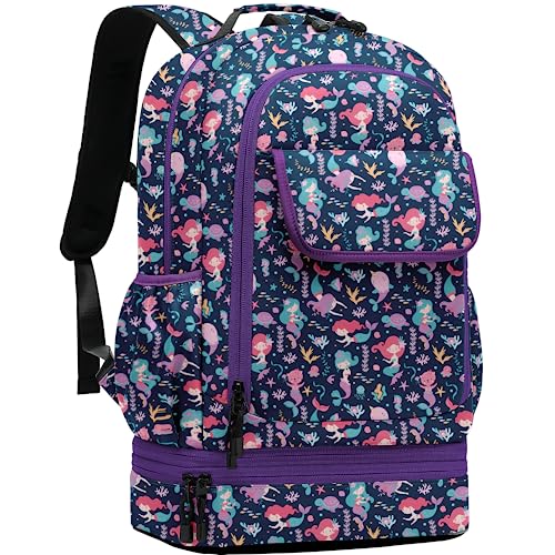 Image of Leaper Water-resistant Cute Mermaid Laptop Backpack Double Deck Lunch Bag Satchel Purple
