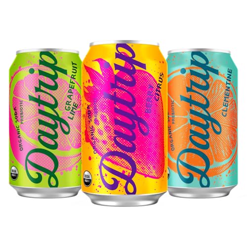 Daytrip Organic Sparkling Prebiotic Soda, Low Sugar Soda and Low Calorie Healthy Soda Alternative, Prebiotic Drink for Gut Health Drink and Digestion, Refreshing Functional Beverage with Plant-Based Fiber, 12-Pack - Fruit Variety Pack