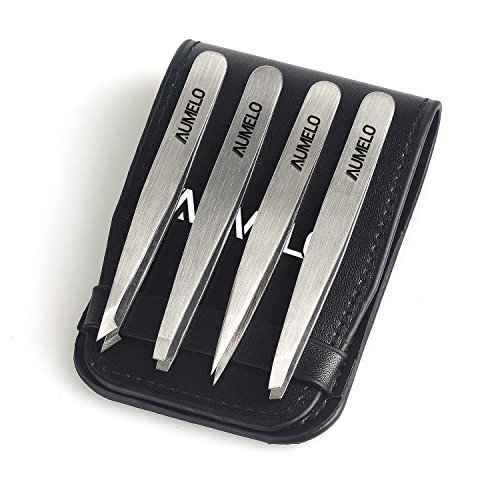 Tweezers Set 4-Piece Professional Stainless Steel Tweezers Gift With Travel Case By Aumelo - Best Precision Eyebrow And Splinter Ingrown Hair Removal Tweezer Tip,No Colored & Chemical Free #TOP2